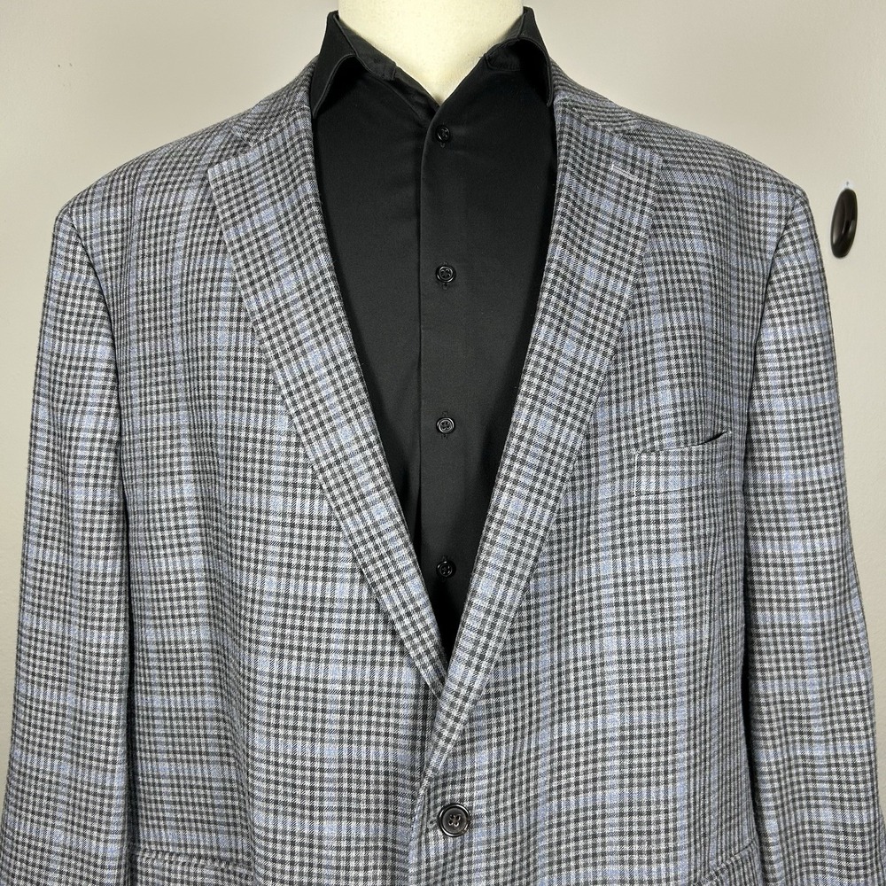 Ralph Lauren 54L Silk Wool Plaid Blazer Sport Coat Gray Blue Black 2 Button